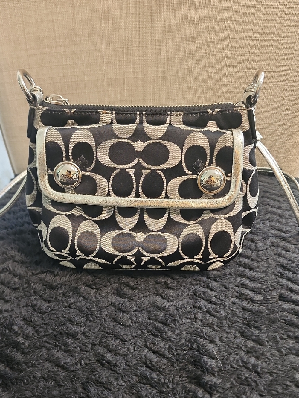 Coach Black and Beige Signature Mini Shoulder Bag with Silver Accents
